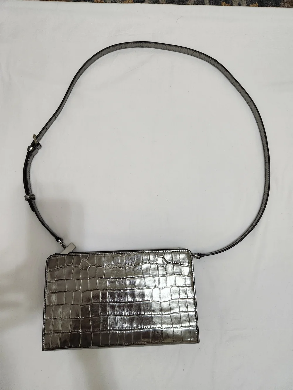 Michael Kors  Silver Metallic Crocodile Embossed Leather Crossbody Bag
